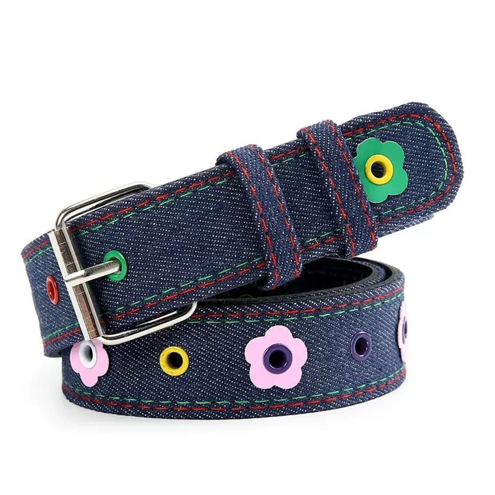 5750 Red Plaid Belt with Colorful Flower Decorations Y2K Retro Waistband